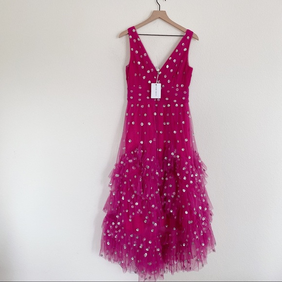 Marchesa Notte Sequin Dot Tulle Ruffle Midi Dress - Picture 10 of 13